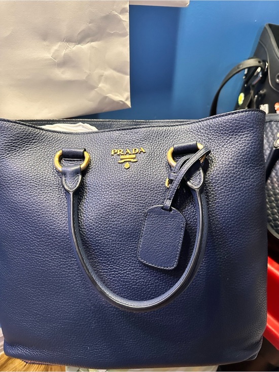 Prada Handbags - Prada Navy Pebbled Leather Tote with Gold Accents